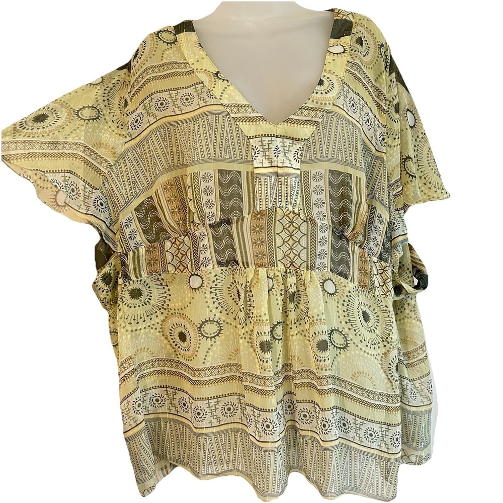 Y2K Faded Glory Blouse Sz 26/28 Sheer Boho Short Sleeve Flutter Geometric V Neck
